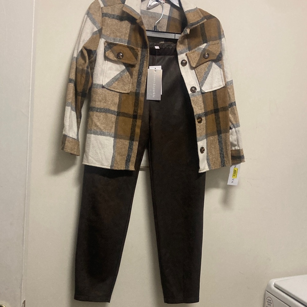 TWEEN DIVA/ 2 piece /NWT/Plaid brown; beige and black Jacket and Brown Pants Set